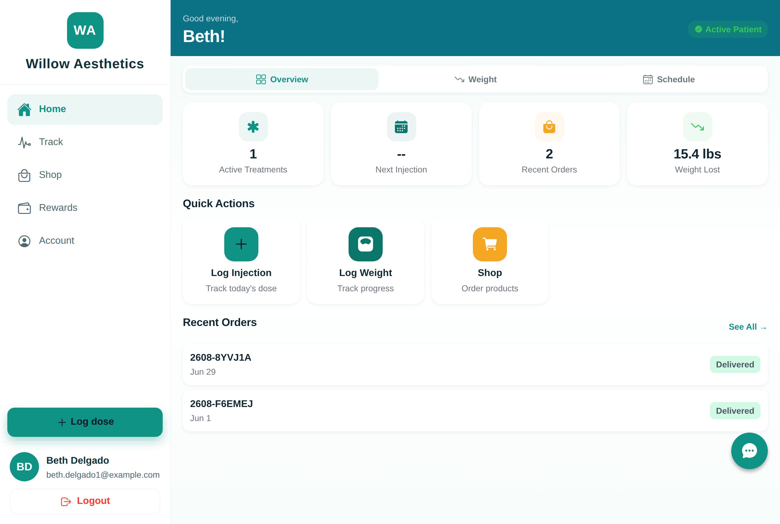 Patient home — active treatment, weight lost, quick actions and recent orders