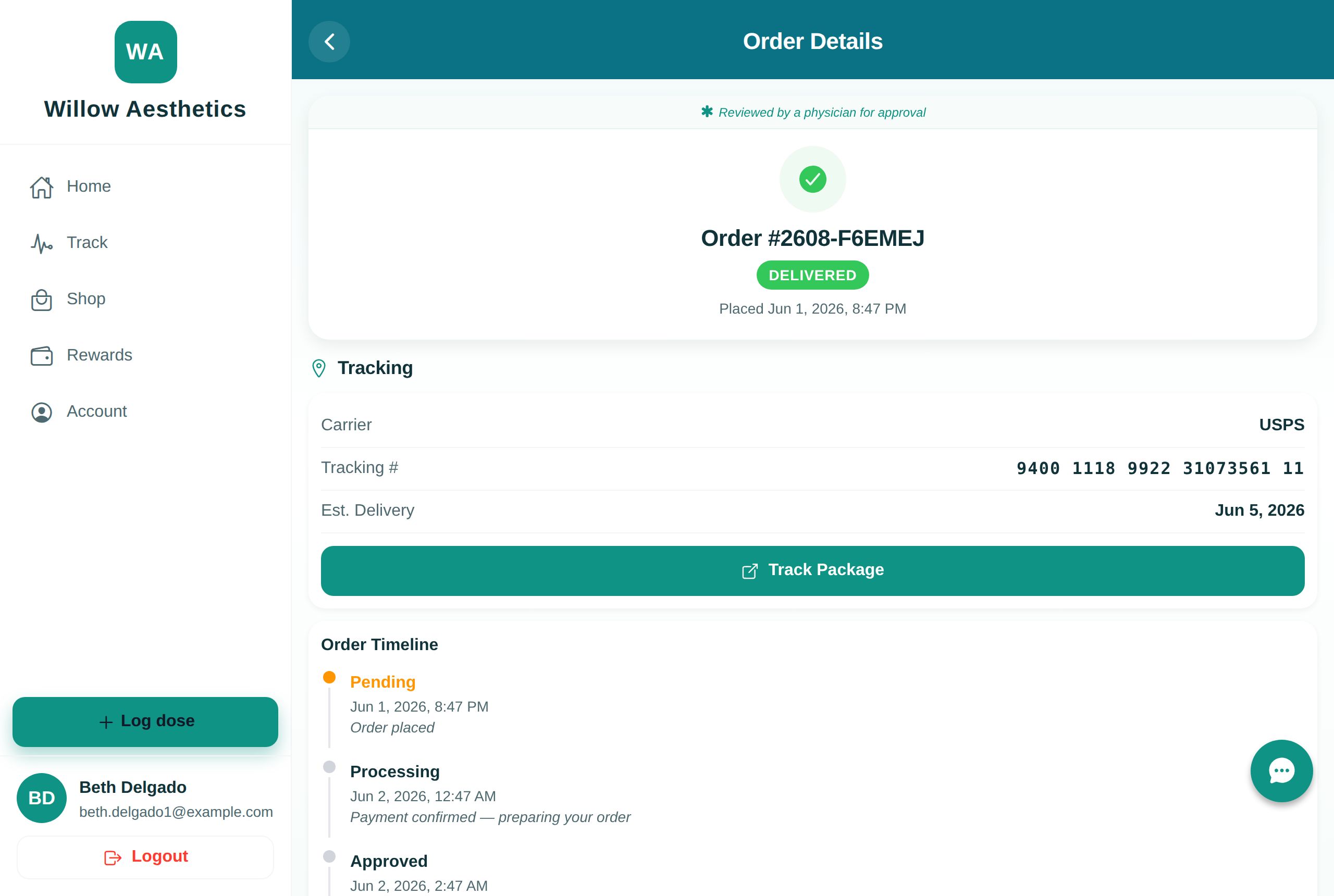 Order detail — USPS tracking card and order timeline