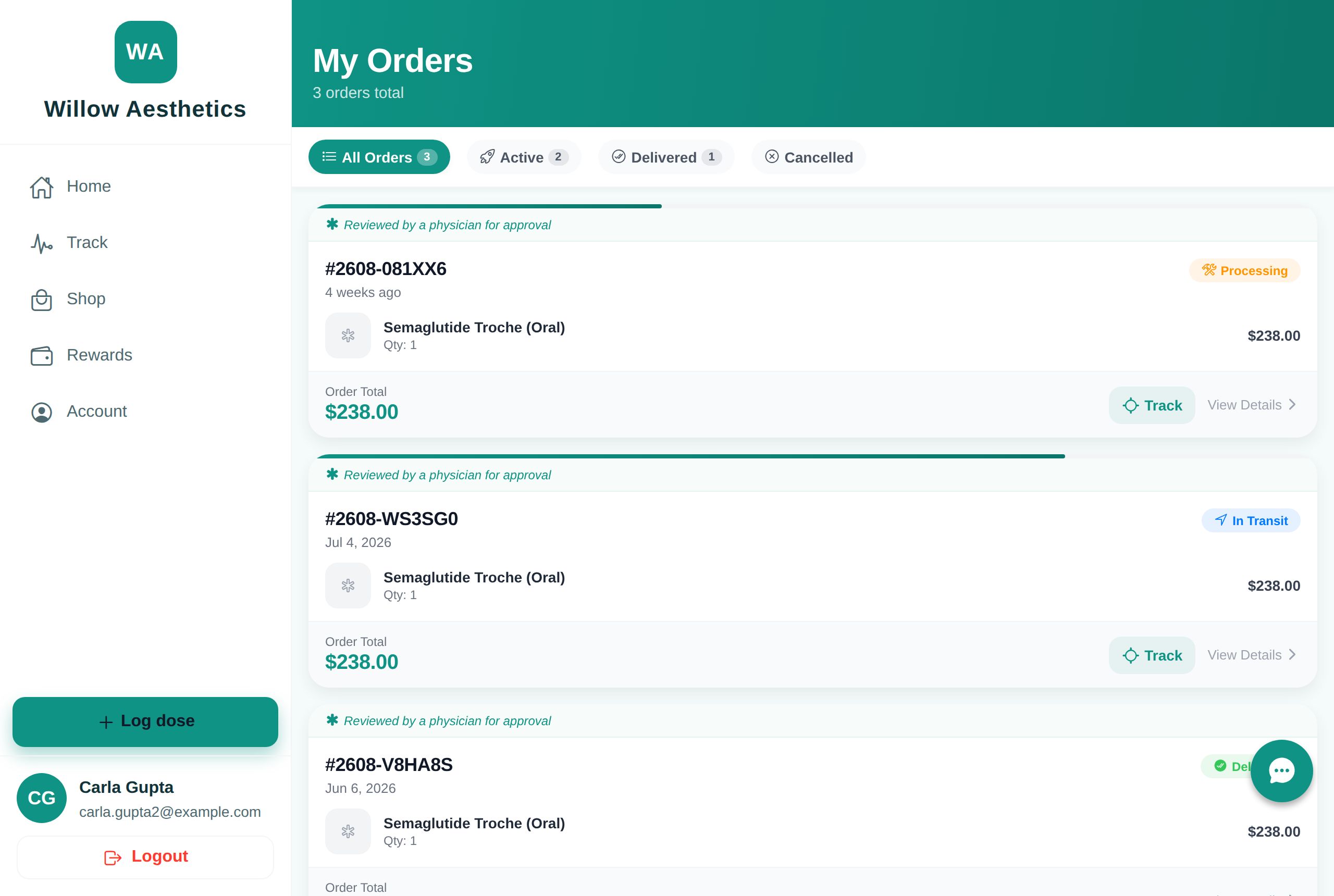 My Orders — processing, in transit and delivered orders