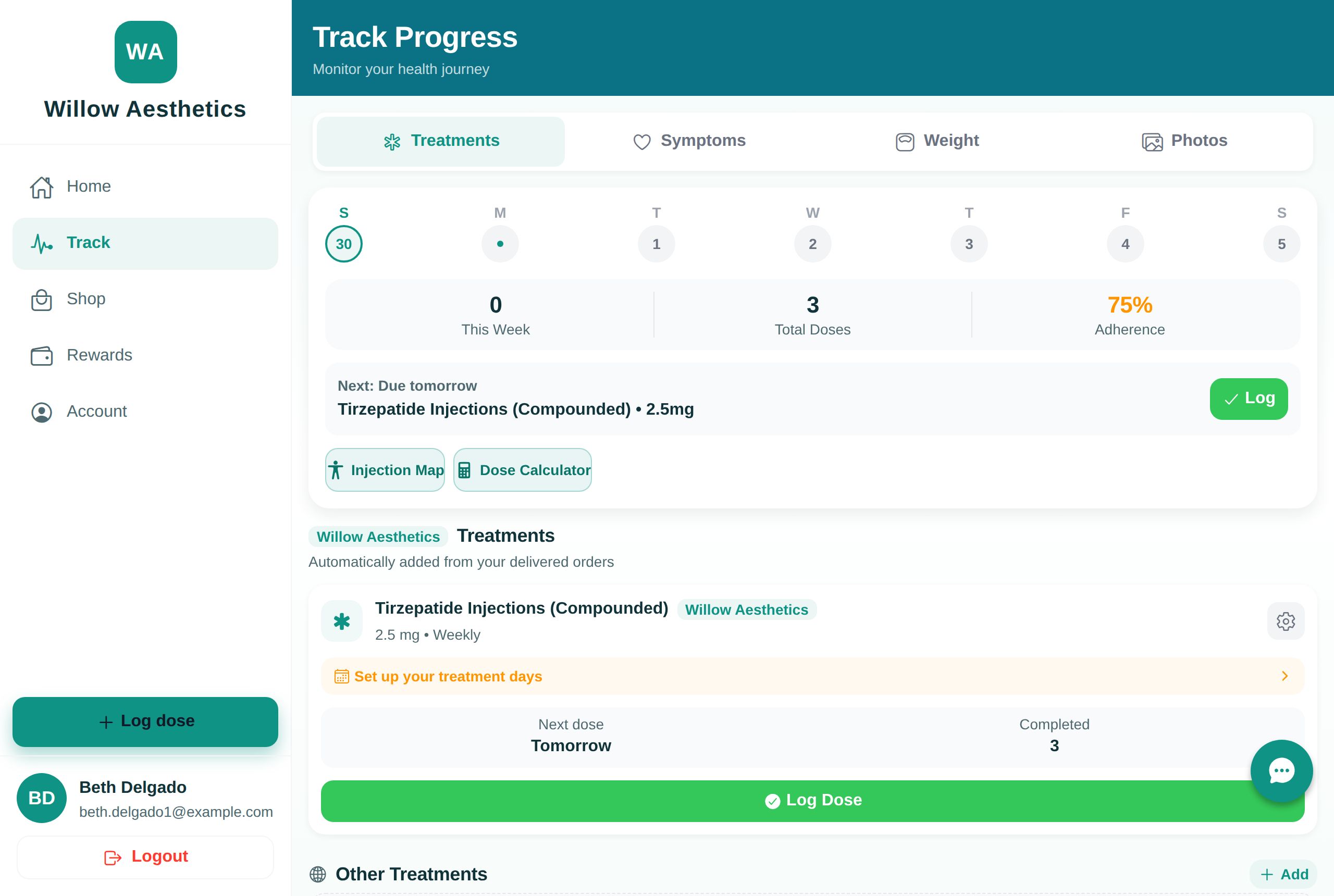 Track screen — dose calendar, adherence and next dose due