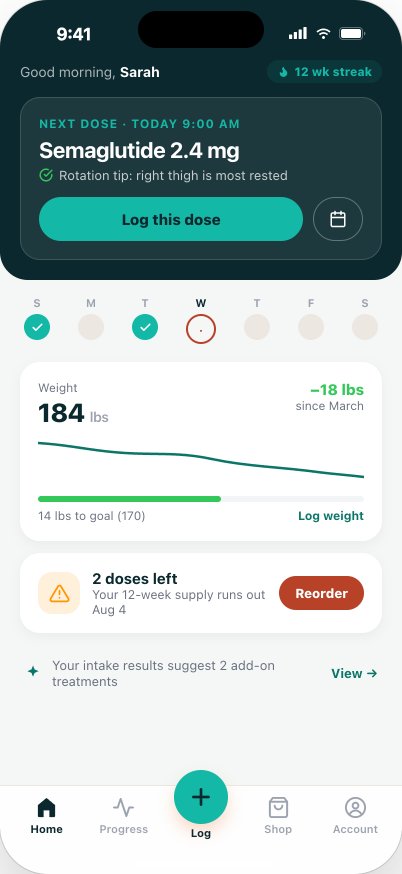 Patient app home — next dose, streak and reorder